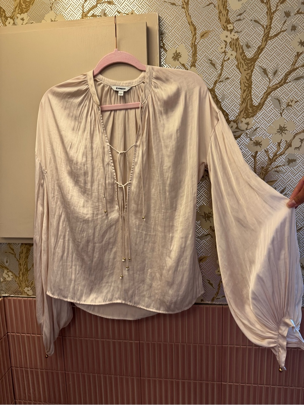 Express Ivory Rose Satin Peasant Top with Tassel Tie